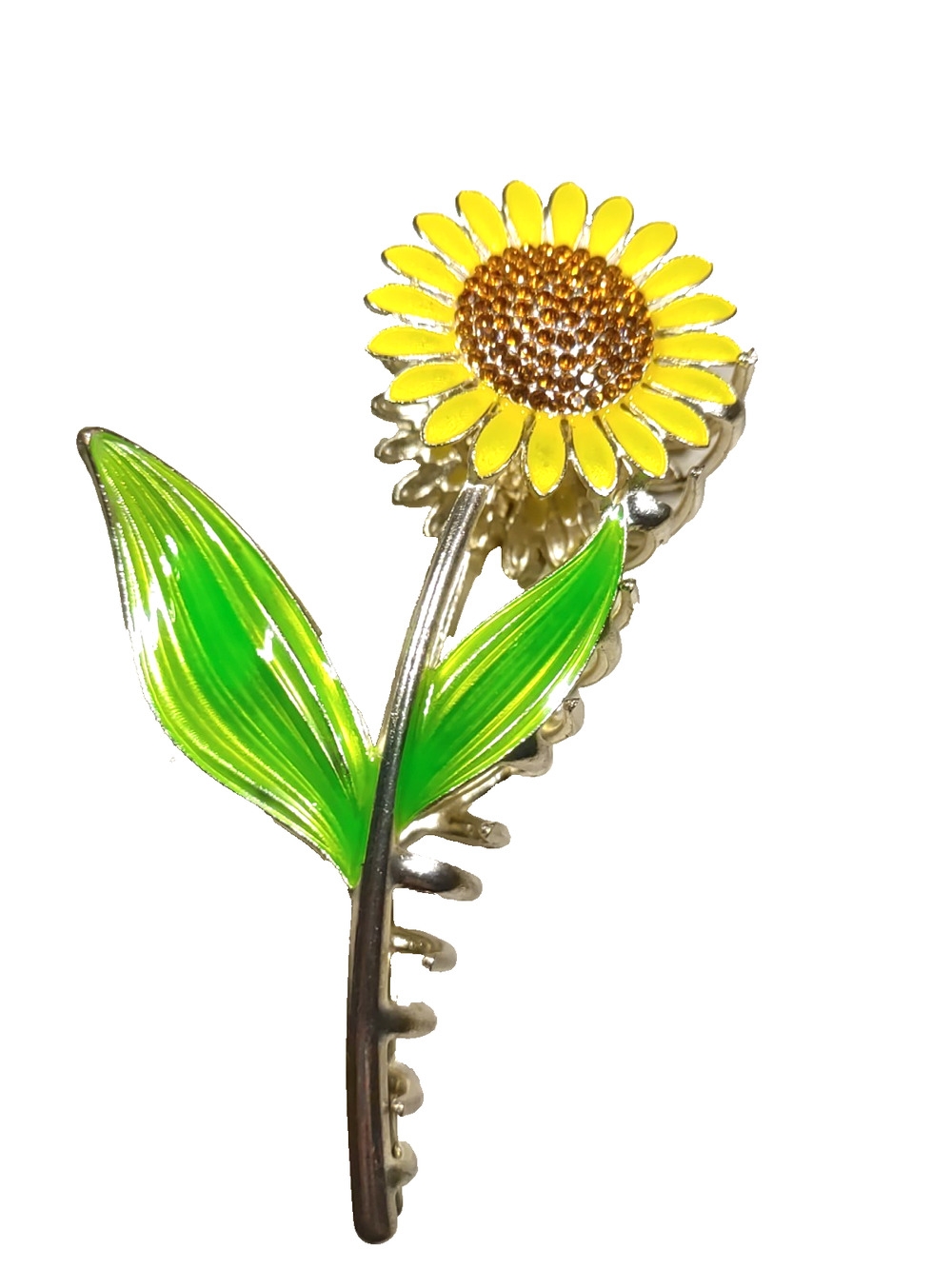 Sunflower Hair Barrette Claw Gold Tone Yellow Green Garden Fairy Rhinestone